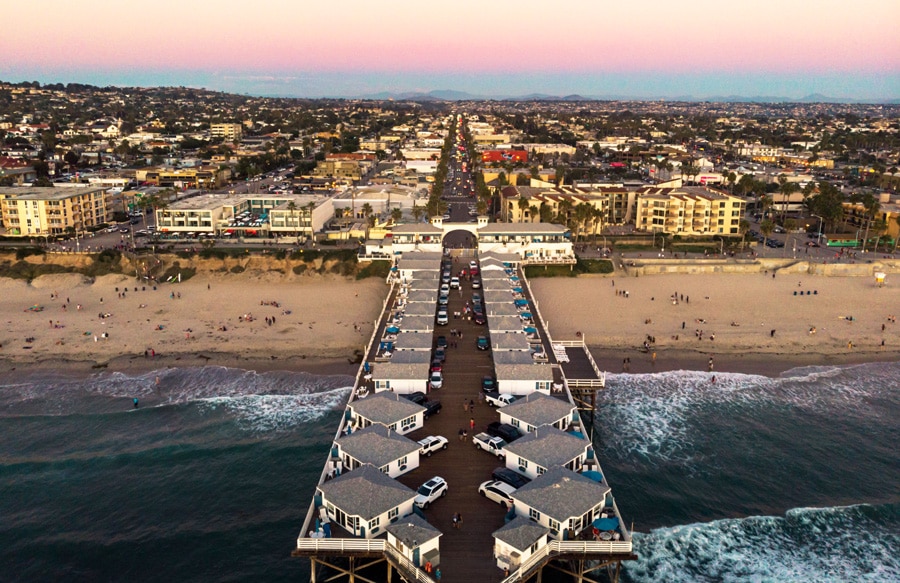 Aerial view of the pier in San Diego and the Pacific Beach