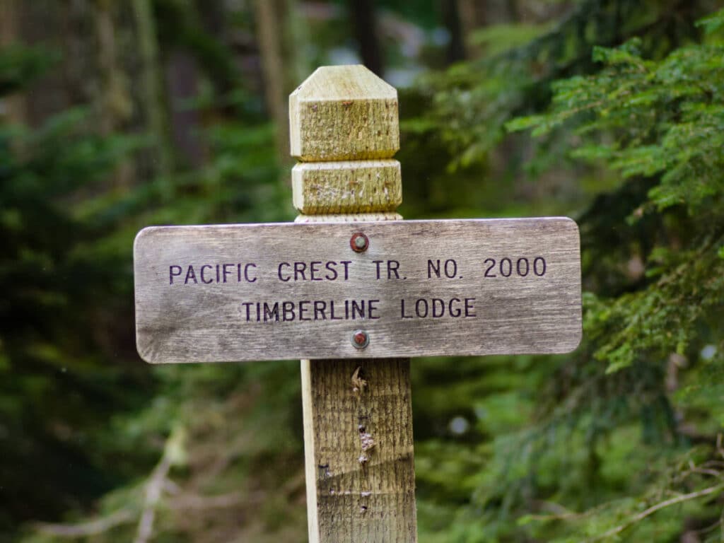 The Pacific Crest Trail marker signage in Mt. Hood National Forest