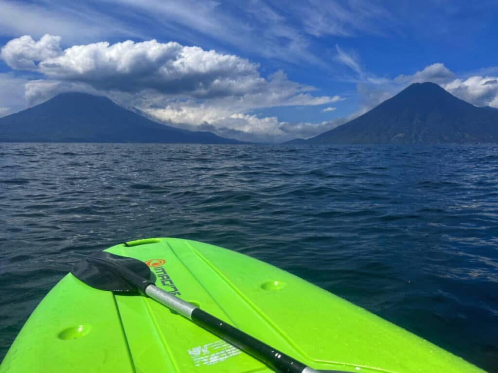 View of the author while paddle boarding at Lake Atitlan