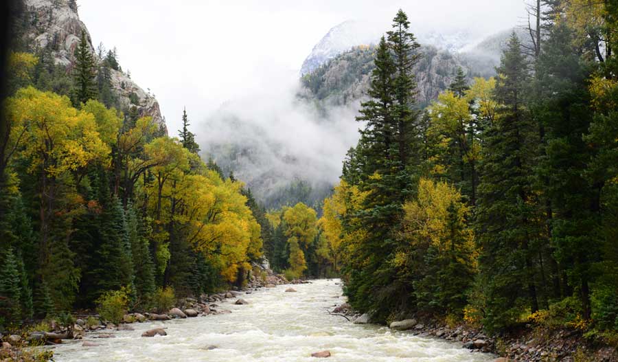 View of a river in Pagosa Springs during fall season