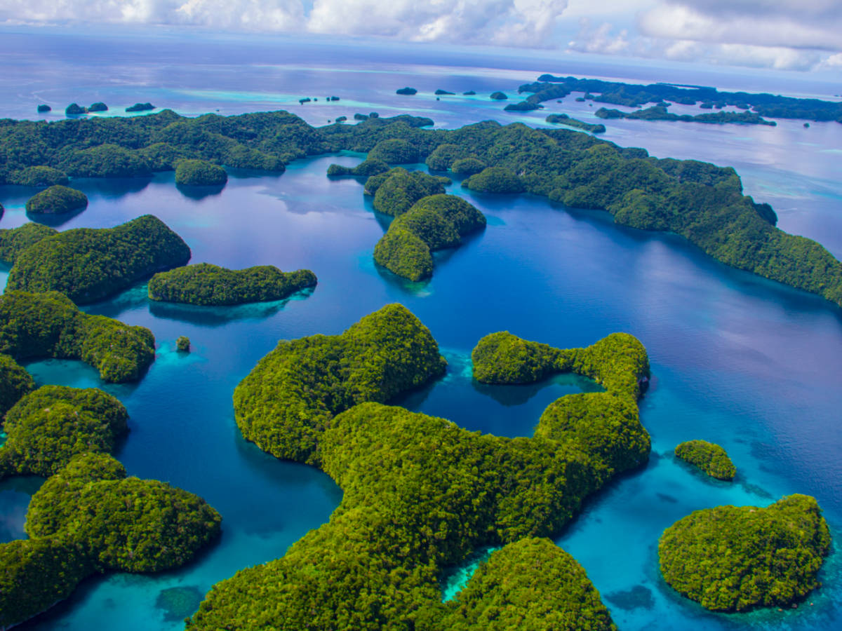 Aerial view of Palau Rock islands and tropical blue waters