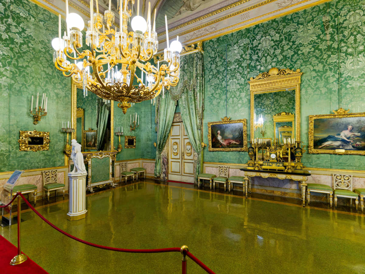 View of the intricate interior of The Green Room in Palazzo Pitti