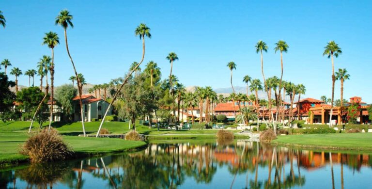 View of the golf course and mini lakes at a resort
