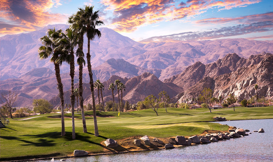 The colorful sky above the Golf Course in Palm Springs at sunset