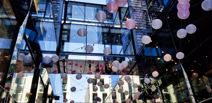 Lantern Balls decorated above the glass ceiling of Palmer Alley in CityCenterDC