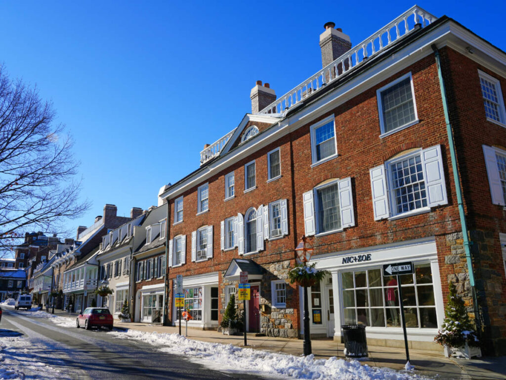 Clear blue sky over the Palmer Square in downtown Princeton