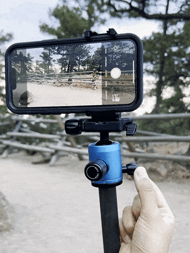 A mounted mobile phone shooting panoramic view with the MeFOTO Roadtrip PRO Tripod