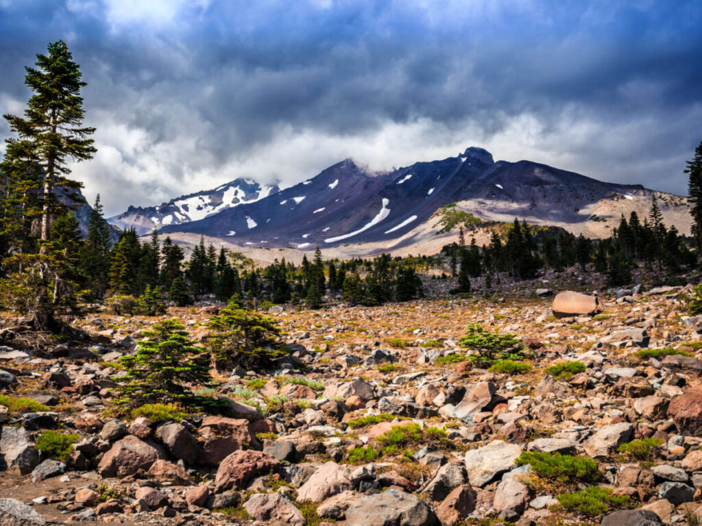 View of Panther Meadows and stratovolcano from the trail