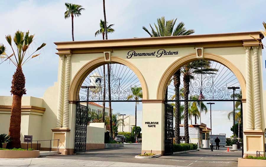 The gate at the entrance of Paramount Pictures Studio in Los Angeles
