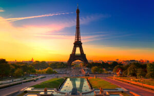 Colorful sky over the Eiffel tower in Paris