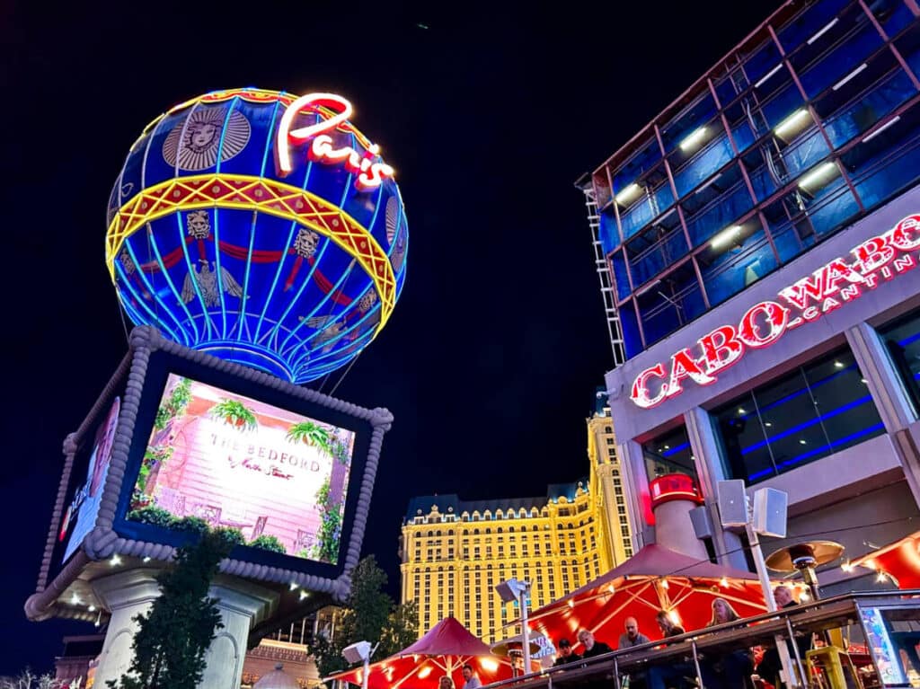 View of the illuminated globe outside the Paris Las Vegas Hotel & Casino