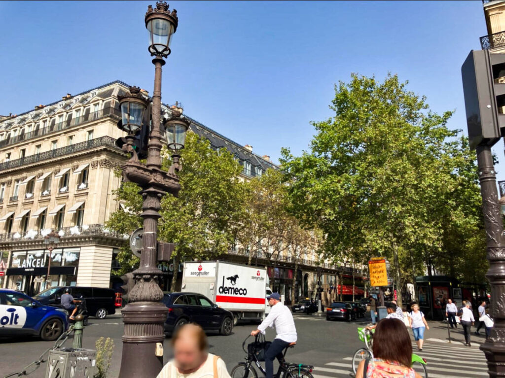 View of the street lamp and the people crossing the pedestrian lane in Paris