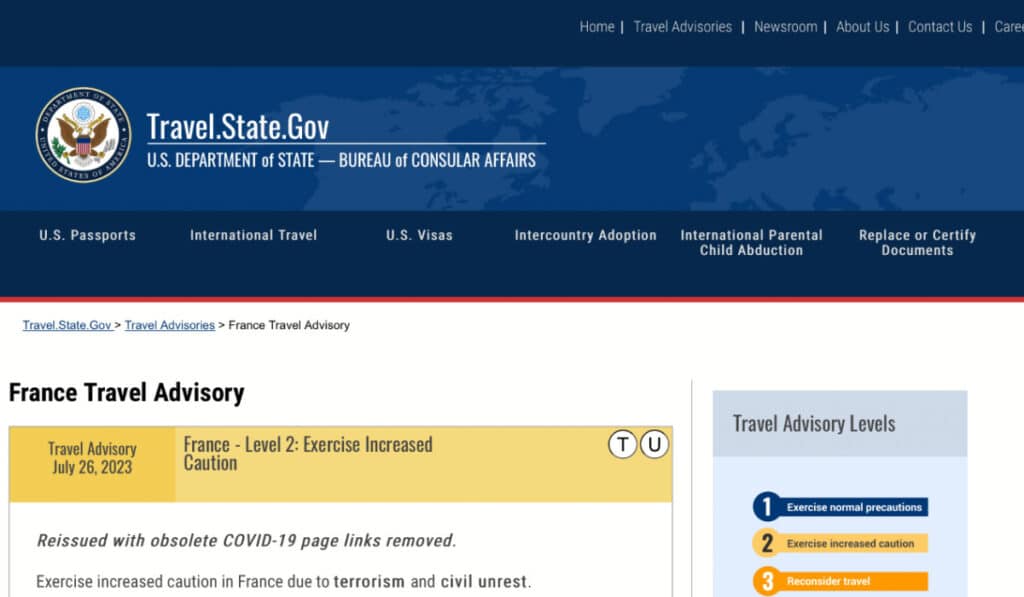 View of the Paris Travel Advisory from the U.S. Department of State