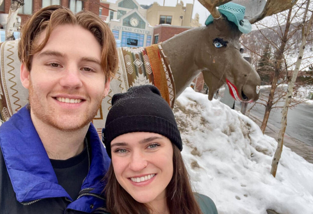 The author Betty Hurd with her boyfriend at the Betty and her boyfriend in Park City during winter season