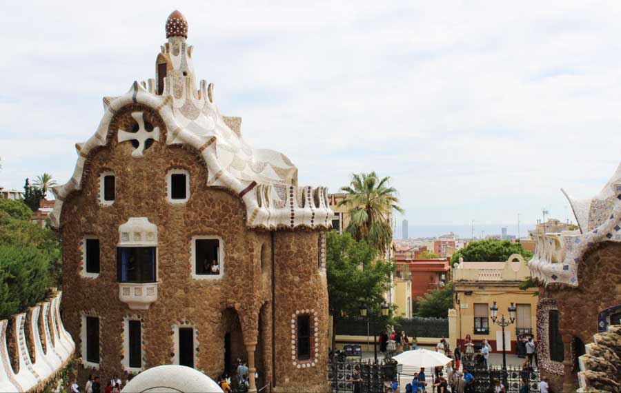 View of people visiting the Park Guell in Barcelona