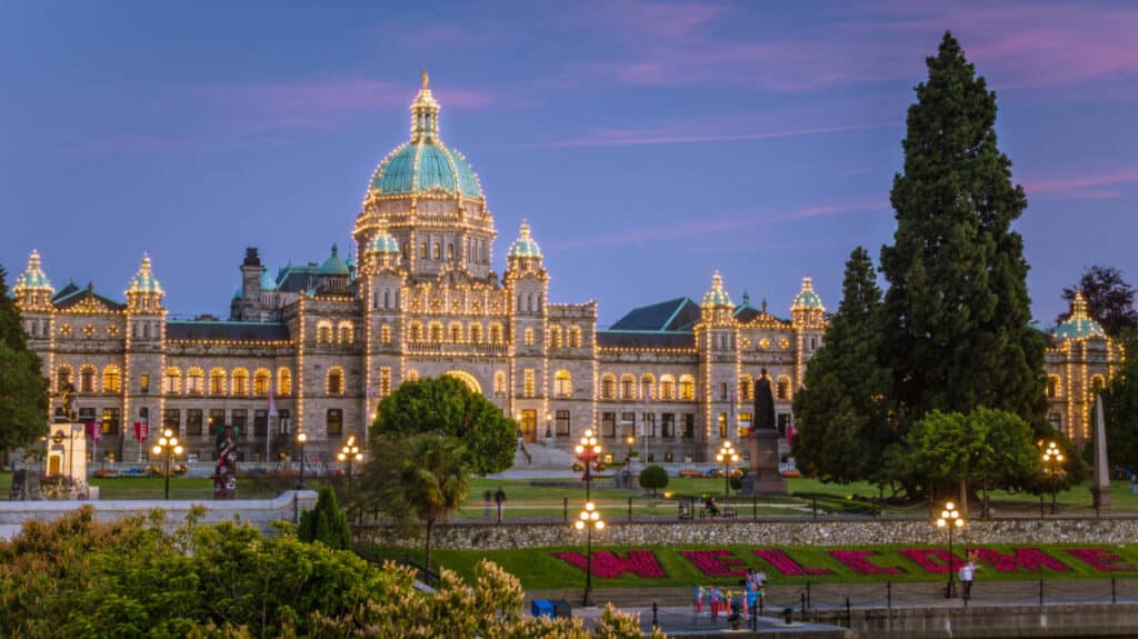 Parliament Building in Victoria with lights at night