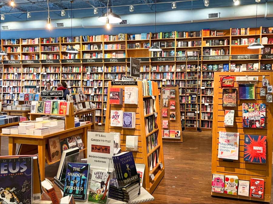 View of the displayed books on the tall shelves in Parnassus Books in Green Hills