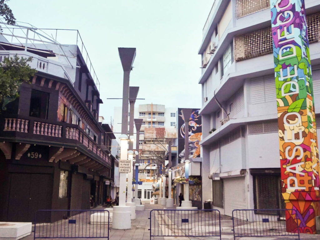 View of the colorful column and buildings around Paseo de Diego