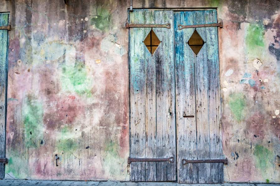 View of the pastel colored doors at the Preservation Hall
