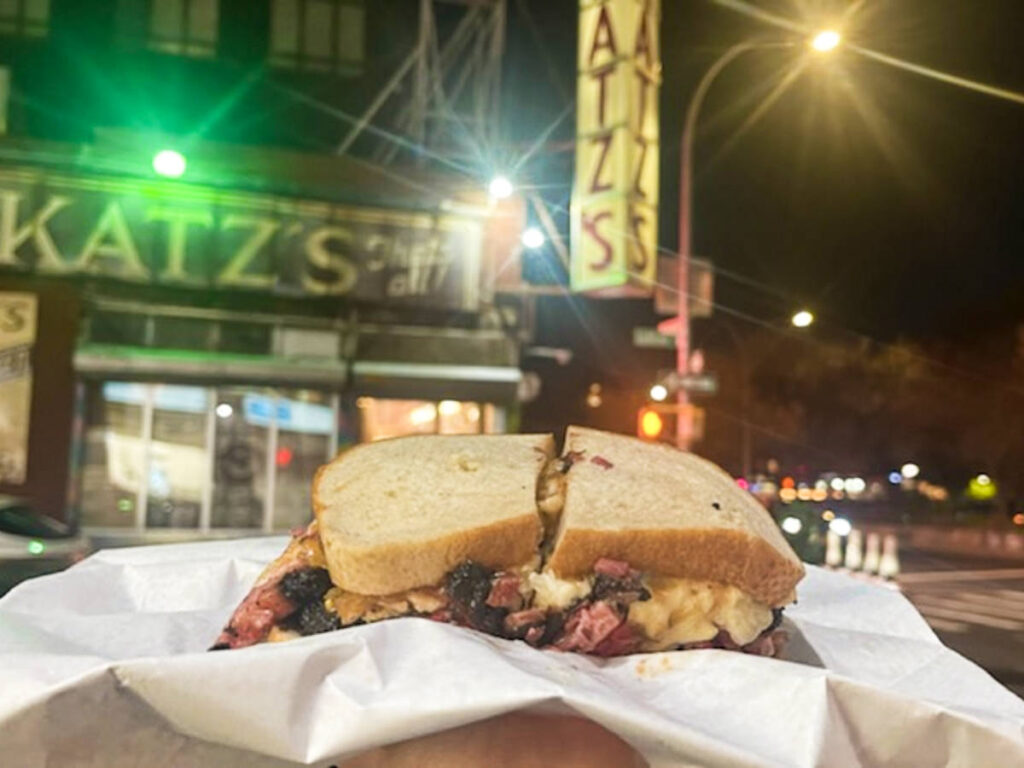 Closeup look of the pastrami sandwich on rye bread