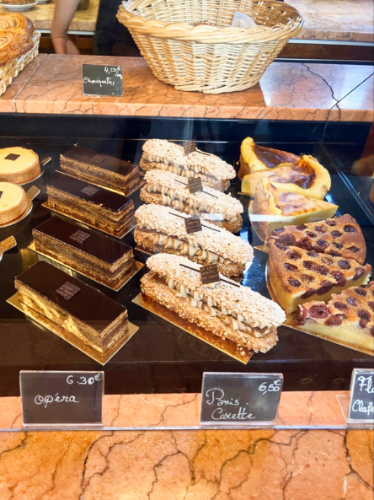View of the variety of pastries displayed at Paris-Carette