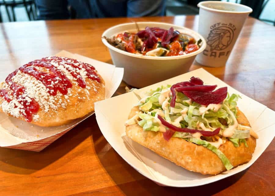 Two different breads, taco and drink from Off the Rez