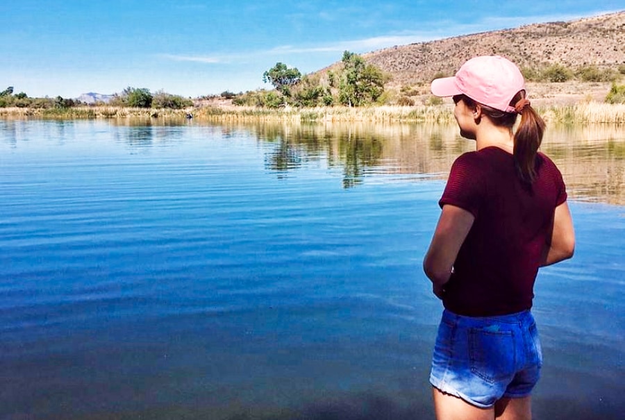 The author (Betty Hurd) enjoys the calm waters and scenic view of Patagonia Lake.
