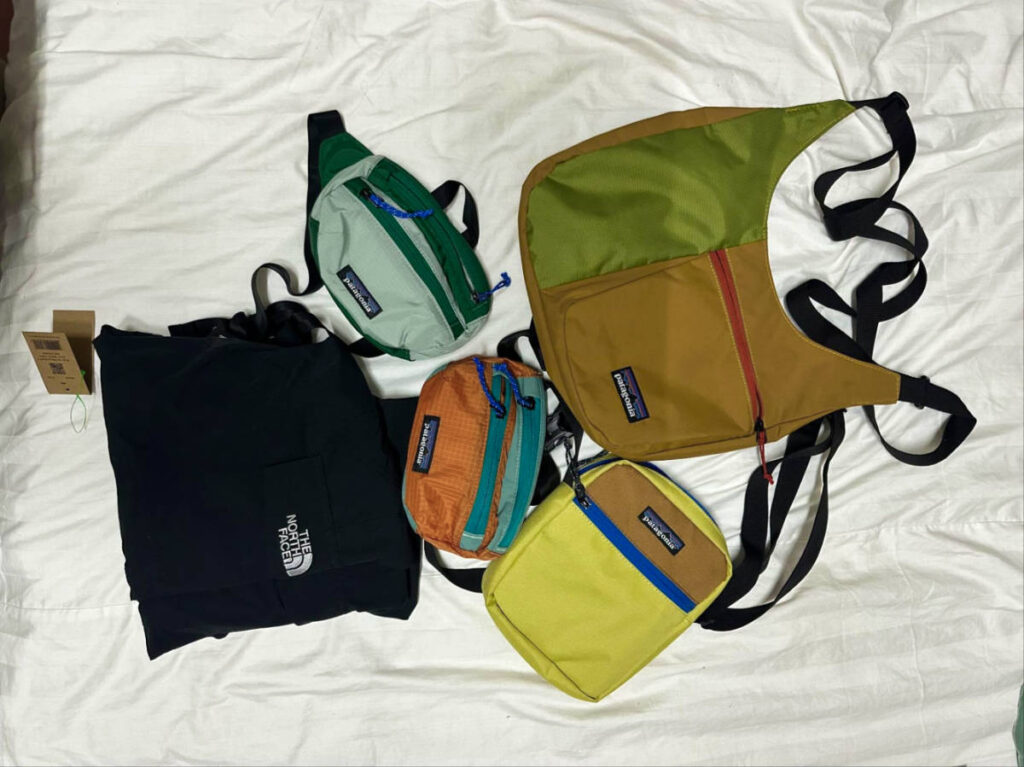 Variety of bags from Patagonia and North Face