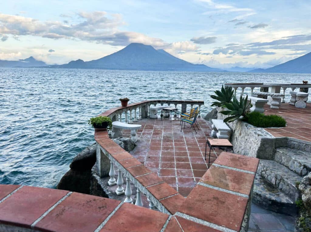 Scenic view of the volcano and lake from the patio in La Casa del Mundo