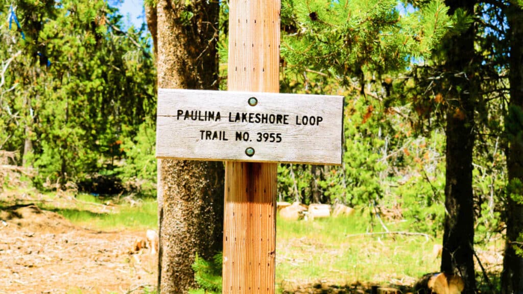 A signage on a wooden post in Paulina Lakeshore Loop