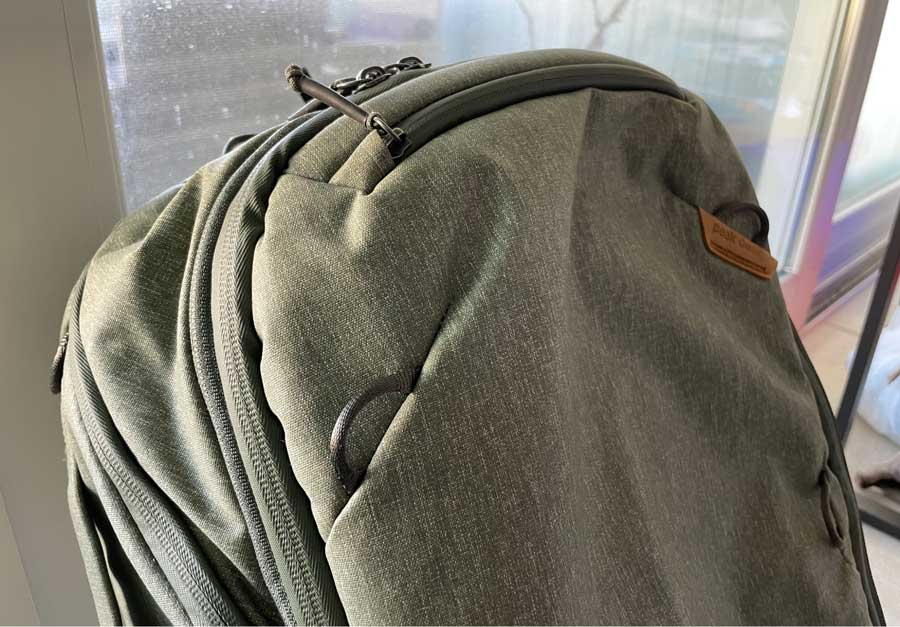 Close up view of the exterior of Peak Design Travel Backpack