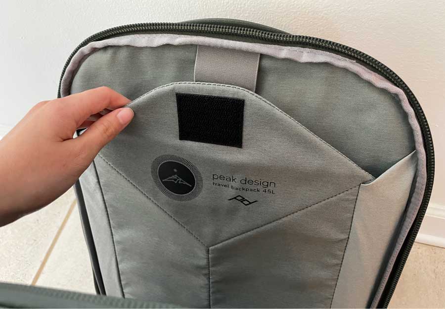 View of the laptop/iPad sleeve of the Peak Design Travel Backpack