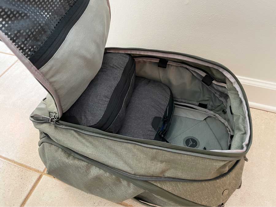 View of packing cubes at the main compartment of Peak Design Travel Backpack