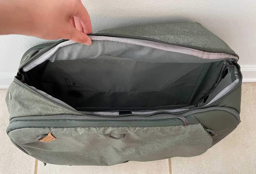 View of the side compartment of Peak Design Travel Backpack