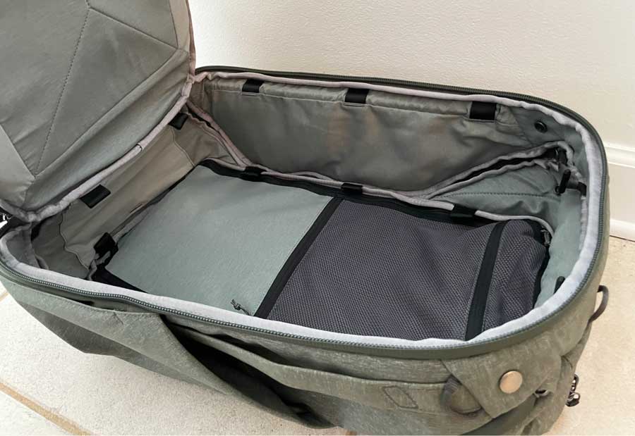 View from the interior of the Peak Design Travel Backpack