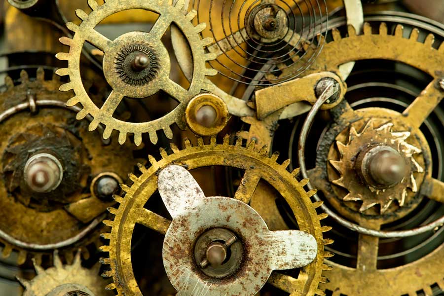 View of gears inside a vintage clock