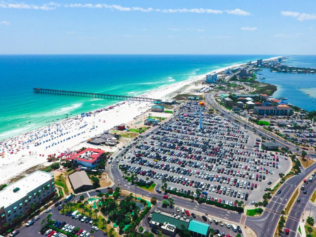 Aerial view of the cityscape and blue waters at Pensacola Beach