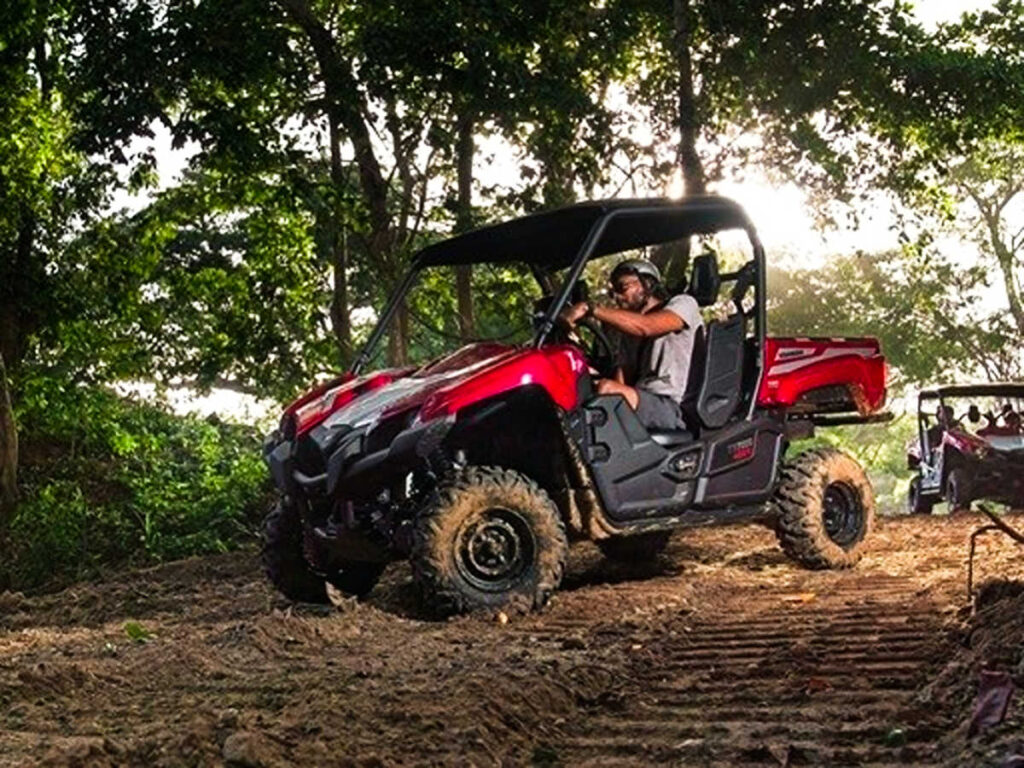 A group of people riding a UTV