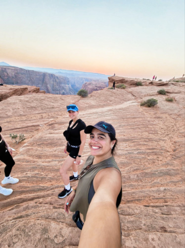A group of friends hiking at the Red Rocks