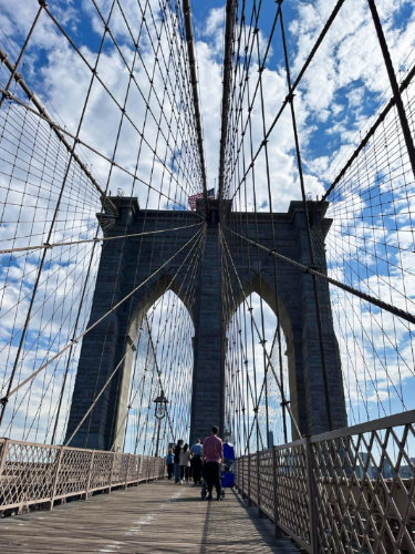 People walking over The Brooklyn Bridge