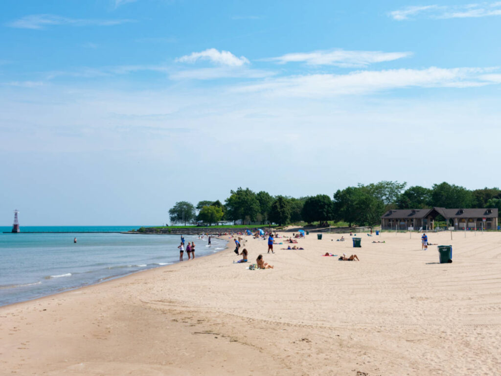 View of the people enjoying along the vast shoreline of Foster Beach