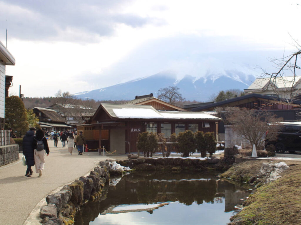 People wandering around Oshino Hakkai with Mount Fuji views