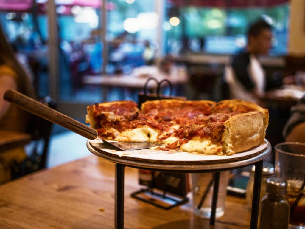 View of a Pequod’s Pizza on a restaurant