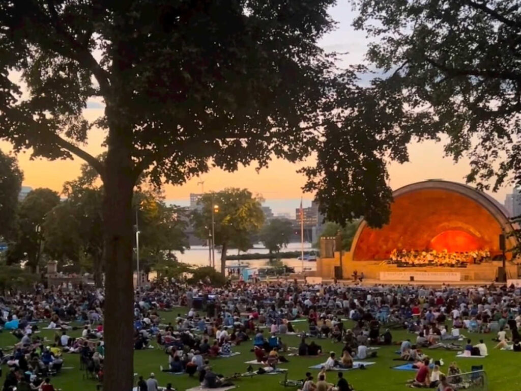 View of the evening performance at the Hatch Memorial Shell