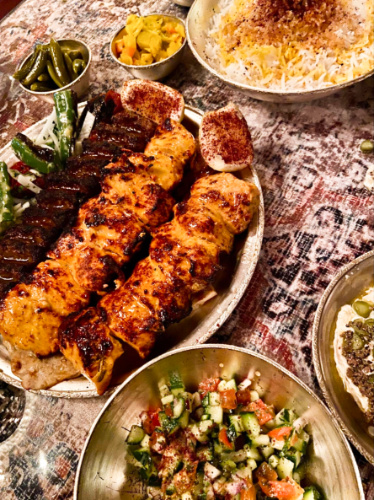 Closeup look at the saffron rice and kofta kebab from Berenjak