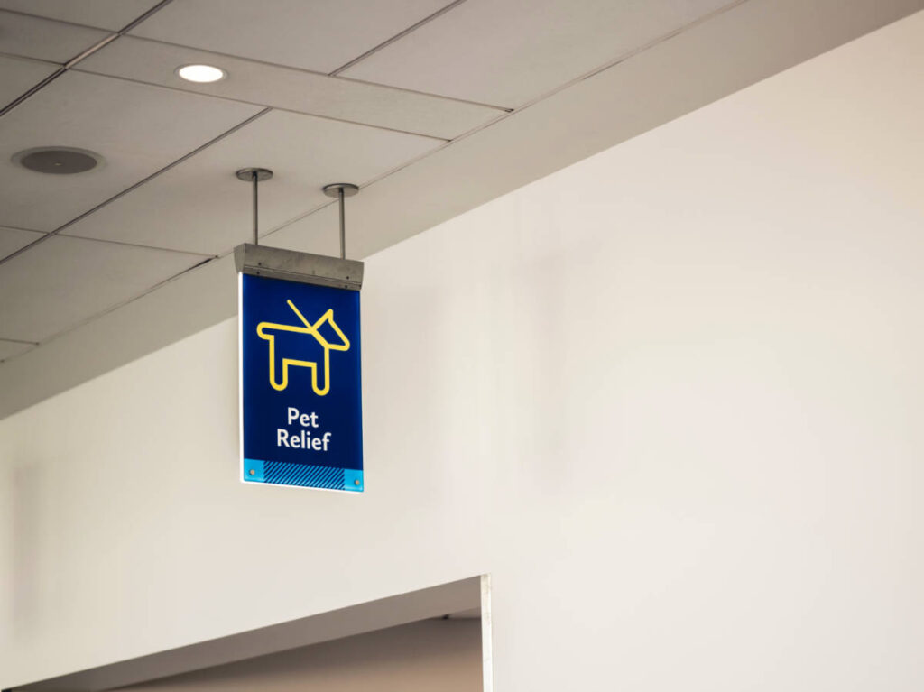 The signage of Pet Relief area at the airport