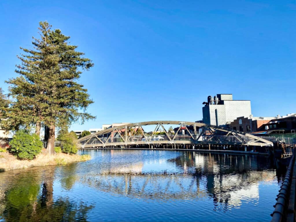 View of the bridge reflecting on the Petaluma River on a sunny day