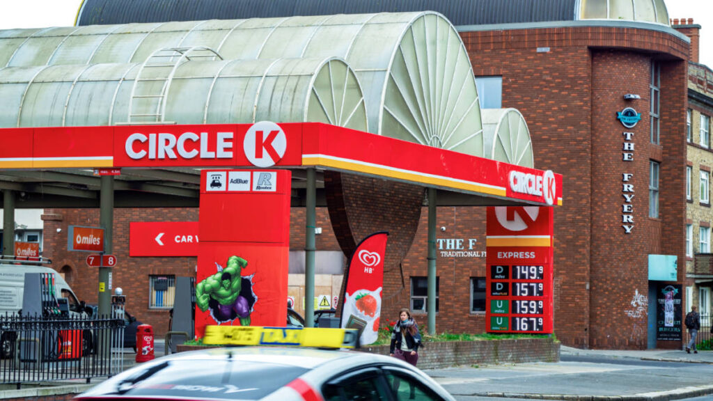 View of the bright red petrol station in Dublin