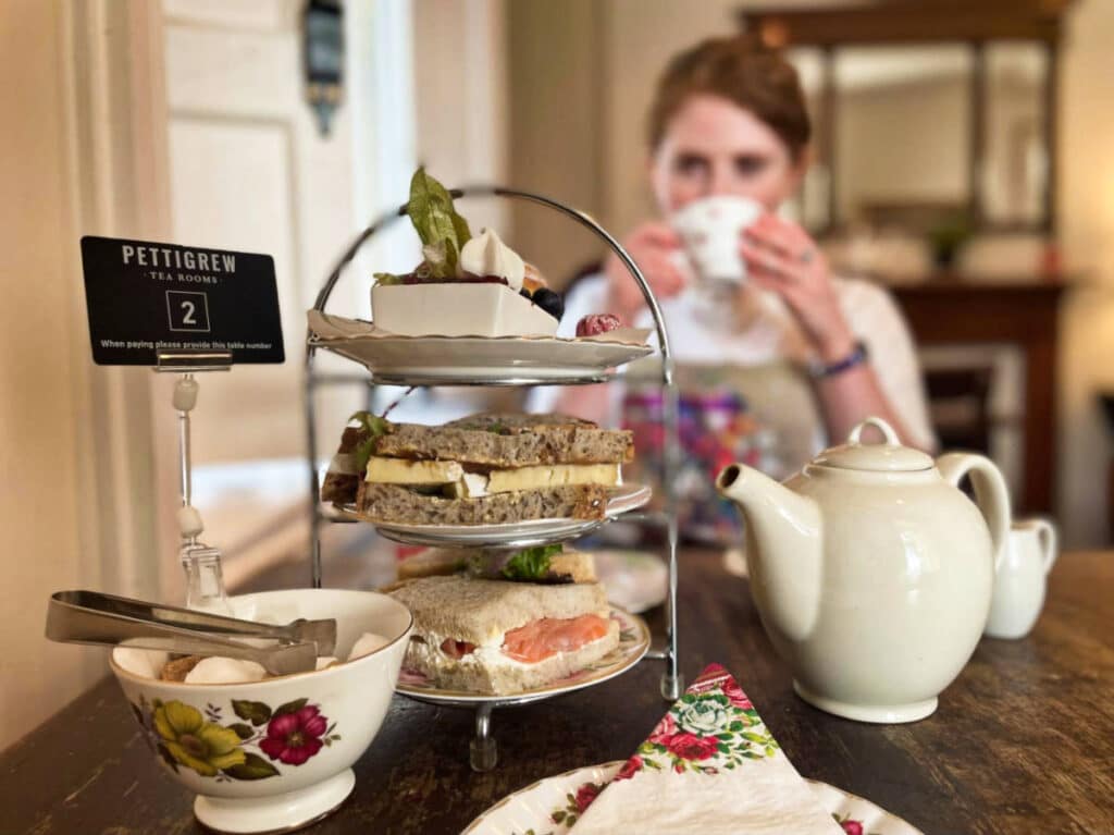 Closeup view of the tea and pastries at the Pettigrew Tea Rooms in Bute Park