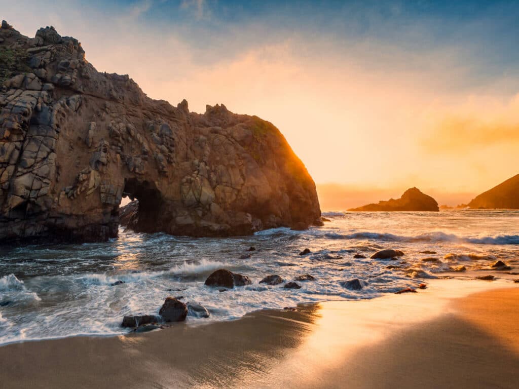 View at the Pfeiffer Beach in Big Sur, California during sunset
